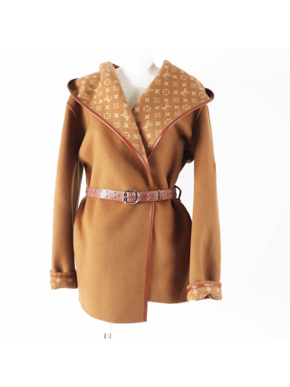 Louis Vuitton Silk Blend Monogram Pattern Hooded Wrap Coat Camel Garment 42